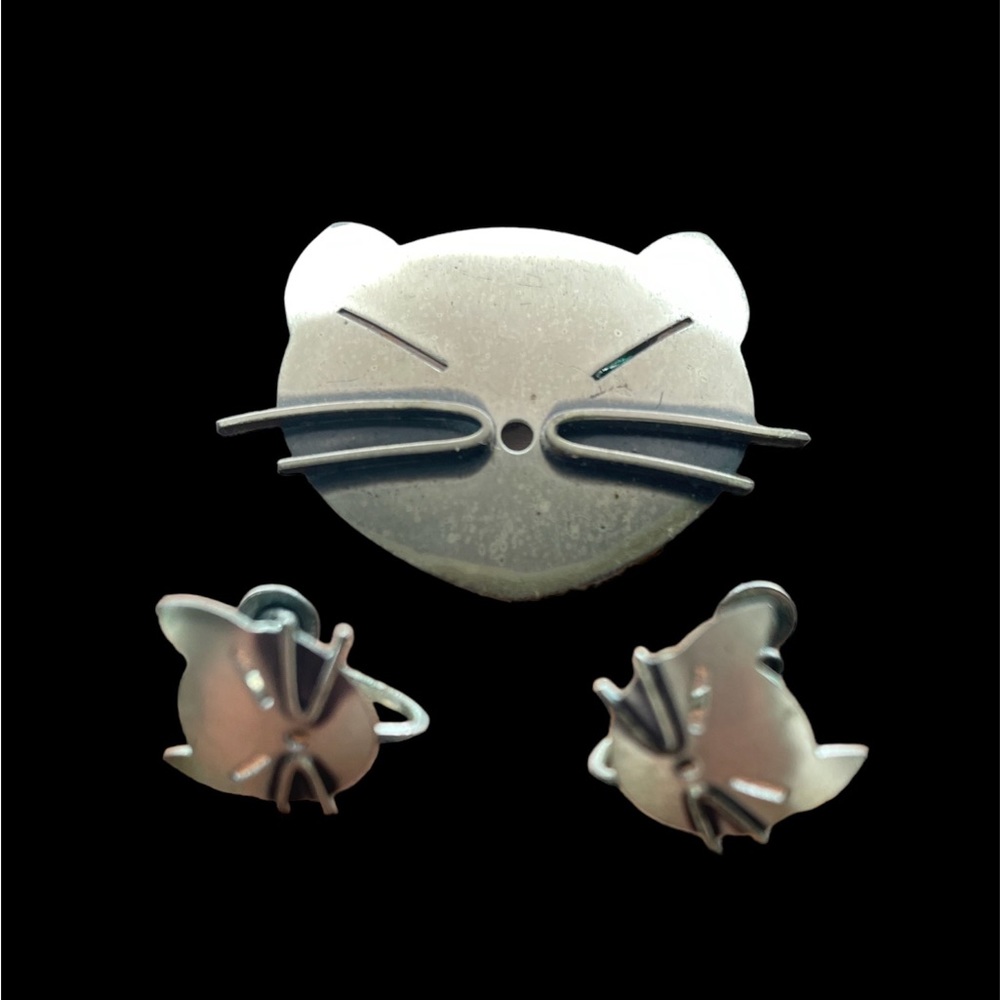 Vintage Cat Brooch and screwback earrings sterling
